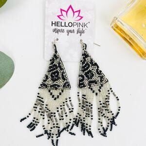 Black and Silver Beaded Dangle Fringe‎ Earrings Fish Hook